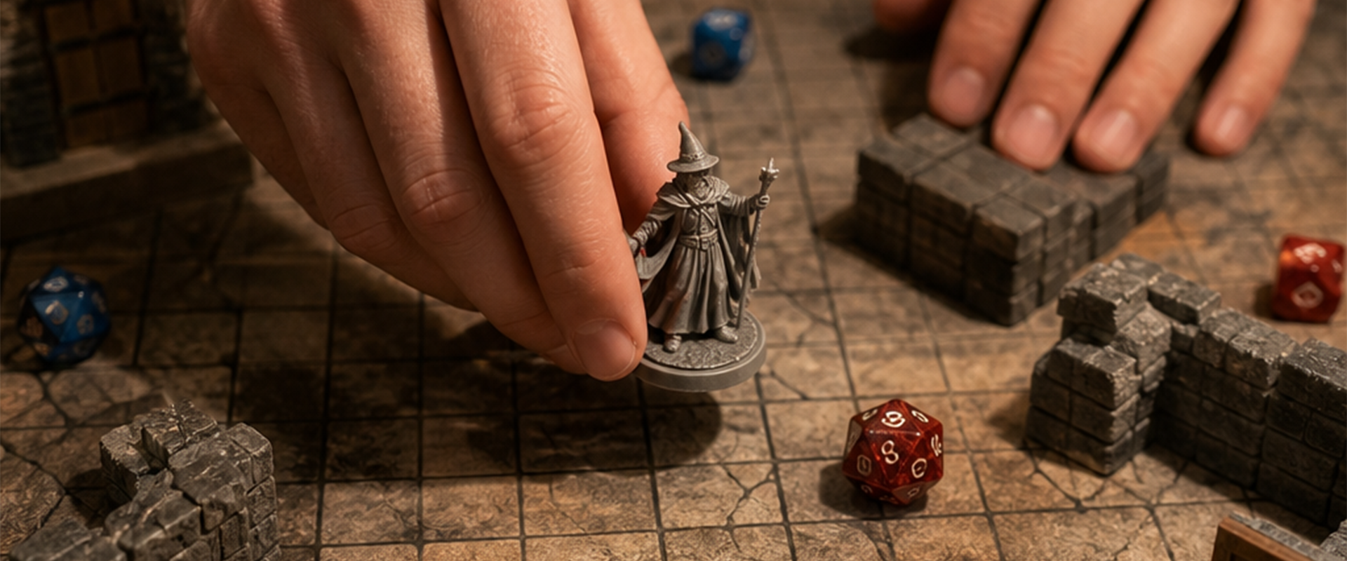 D&D miniatuur en dobbelstenen op speelmat