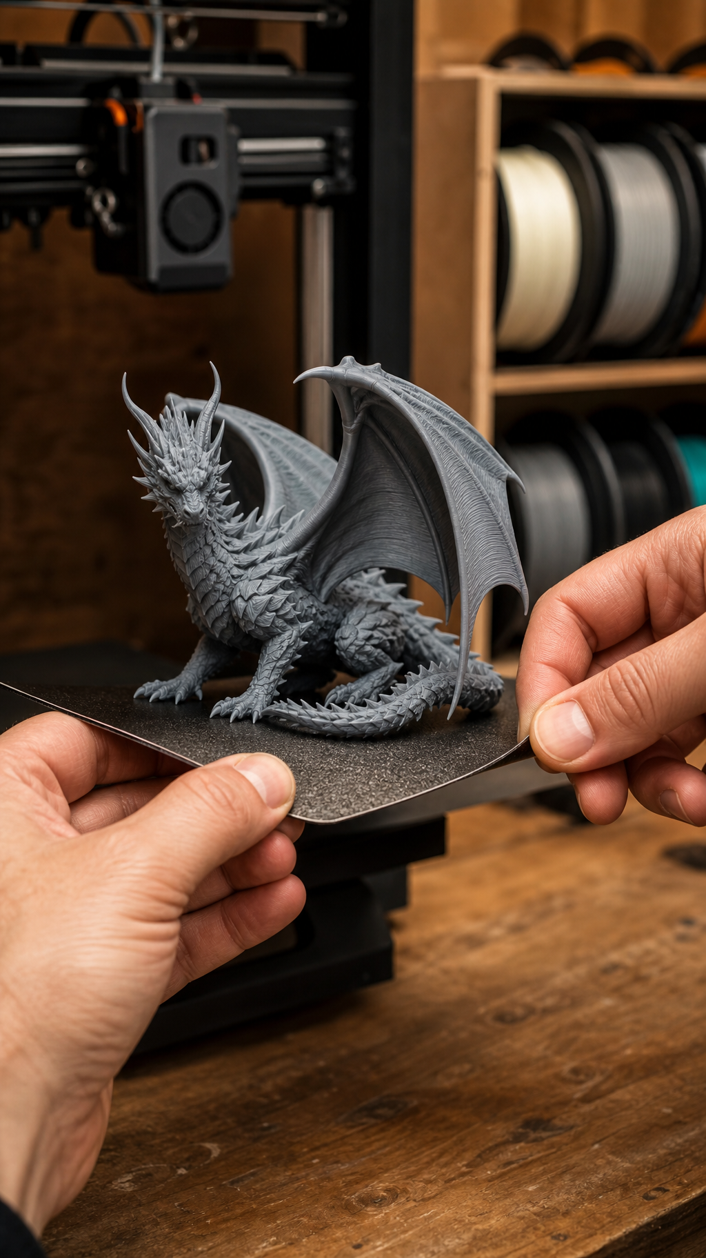 3D geprinte draak miniatuur op bouwplaat